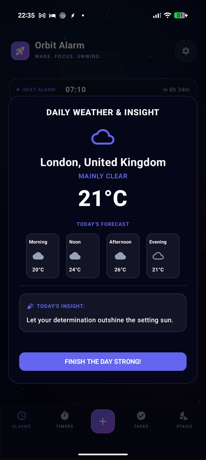 Orbit Alarm daily weather forecast and insight shown after dismissing an alarm