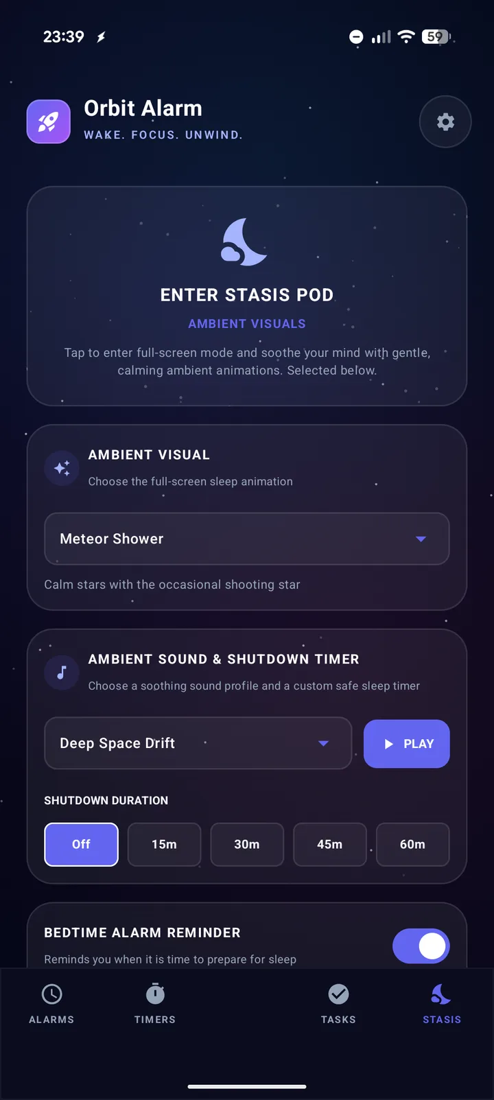 Orbit Alarm Stasis Pod settings for ambient visuals, sound and a safe sleep timer