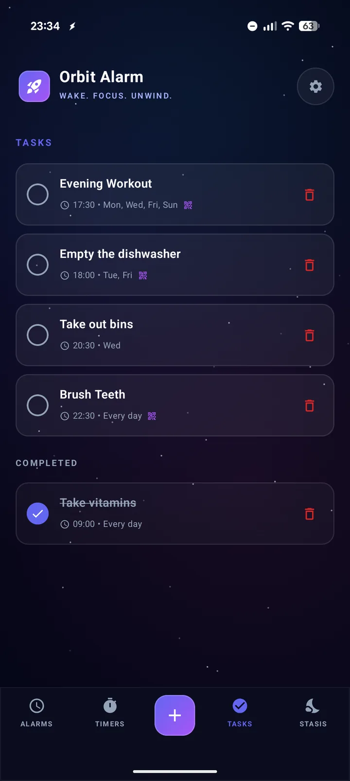 Orbit Alarm task list with scheduled reminders through the day