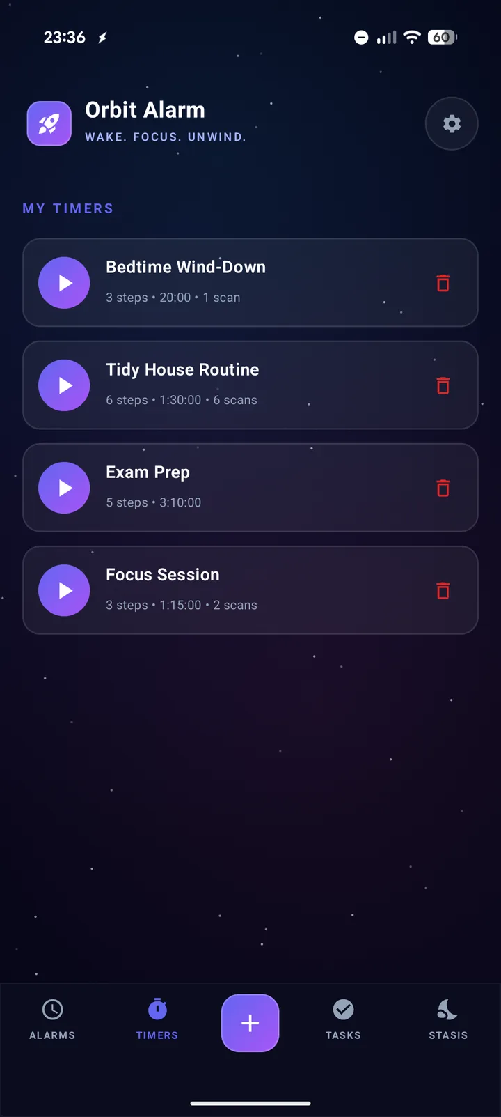 Orbit Alarm chained countdown timers for routines like bedtime wind-down and focus sessions