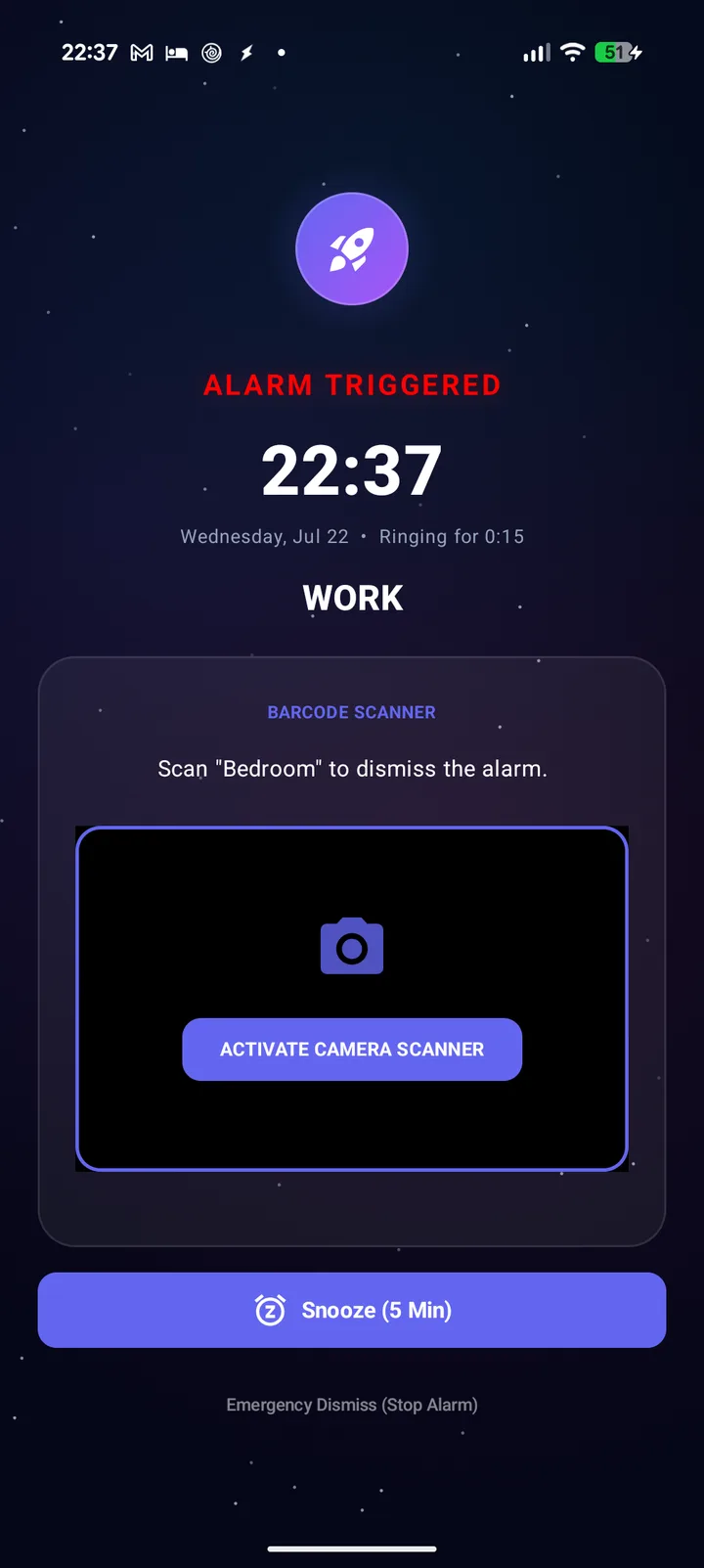 Orbit Alarm ringing, showing the barcode scanner challenge that must be completed to dismiss it